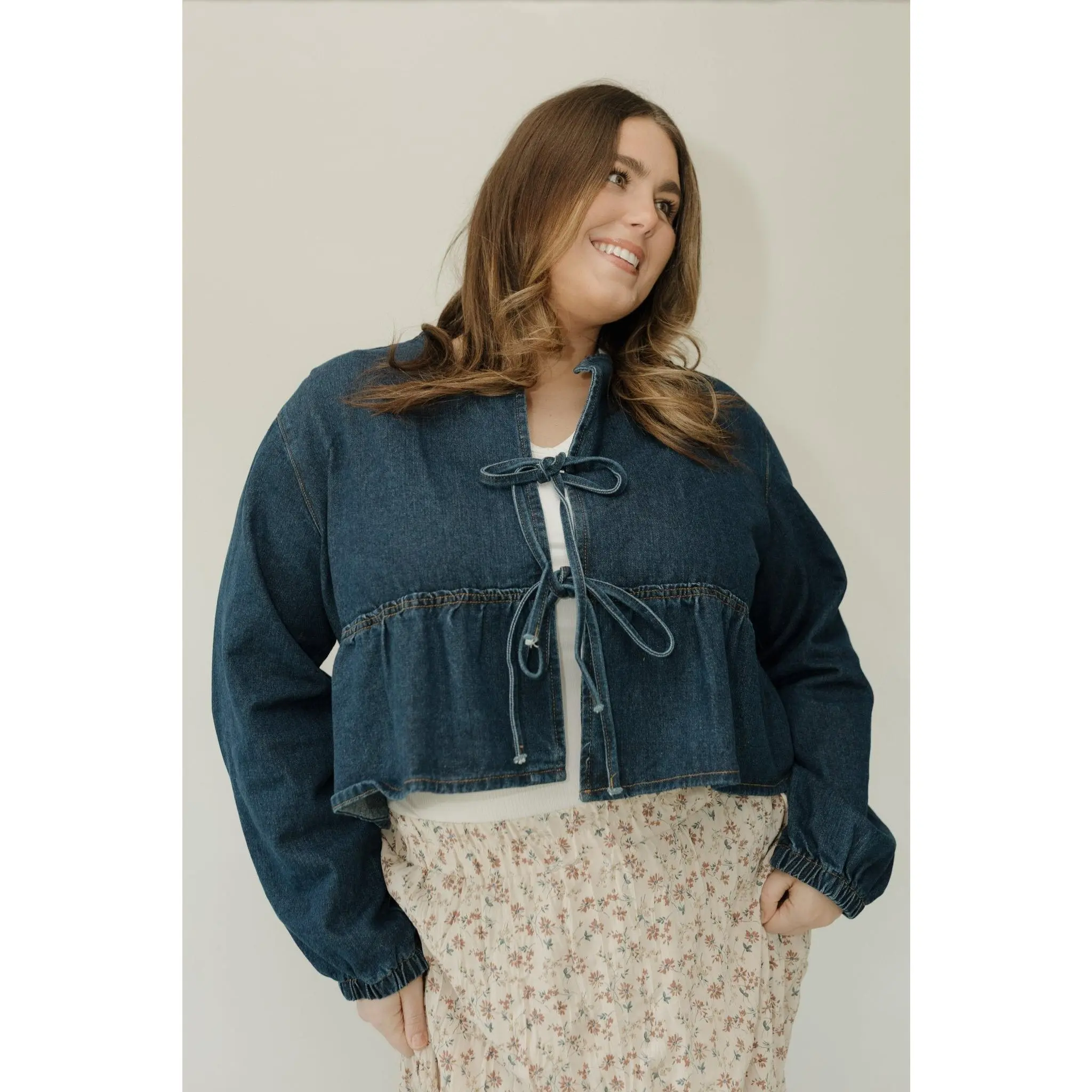 Women's Cropped Tie-Front Peplum Blouse - Breathable Cotton with a Modern Trend Twist, Oversized Long Blouson Sleeves, Feminine, Fabric, Shirts, Adjustable, Fit, 100% Cotton, Machine Wash