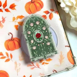 Green Floral Window Phone Grip, Vintage Rose Aesthetic Pop Socket, MagSafe Compatible Grip Stand, Cute Botanical Holder for iPhone Android Kindle Cozy Gift