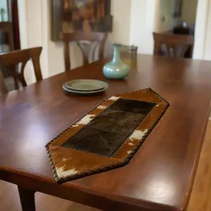 Rustic Cowhide and Bison Leather Table Runner – Hand-Stitched Western Decor - Brown & White (1’x3’)