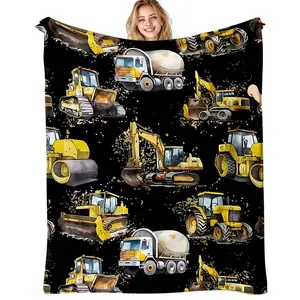 Engineering Car Series Flannel Throw Blanket, Excavator Tractor Pattern, Soft Warm Boy Room Sofa Leisure Blanket, Perfect Gift for Son Grandson