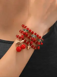 Bohemian Style Beaded Cherry Pendant Bracelet Set, Elegant Design, Elastic Rope Chain, Women's Jewelry Gift, 3 Piece Set, Layered Bracelet Set, Boho Style Bracelet