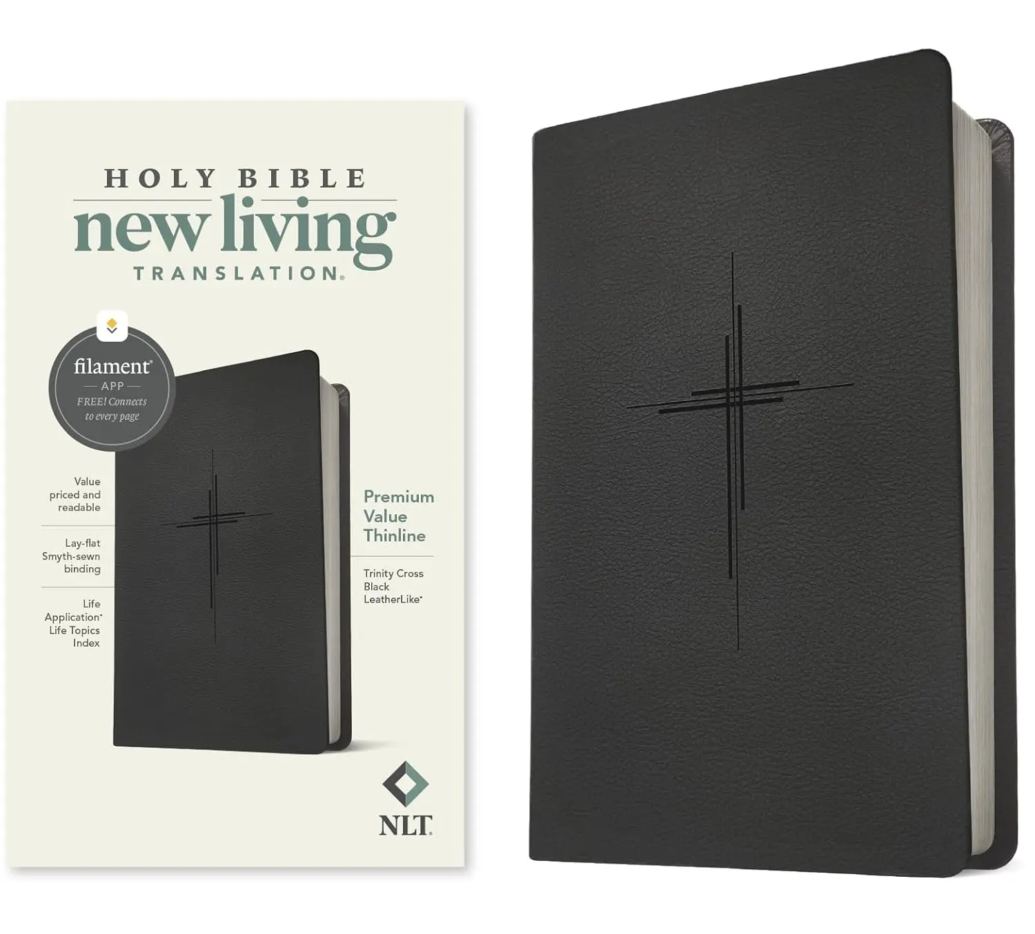 NLT Premium Value Thinline Complete Bible - Regular Edition, Smart & Connected, Digital Filament Enabled, LeatherLike Cover, Trinity Cross Black Design, Smyth-Sewn Binding, Ideal for Small Groups, Nlt Complete Bible