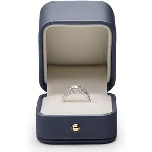 Gorgeous Steel-Blue Ring Box Premium Leather Ring Gift Box for Wedding,Proposal Jewelry Storage Case