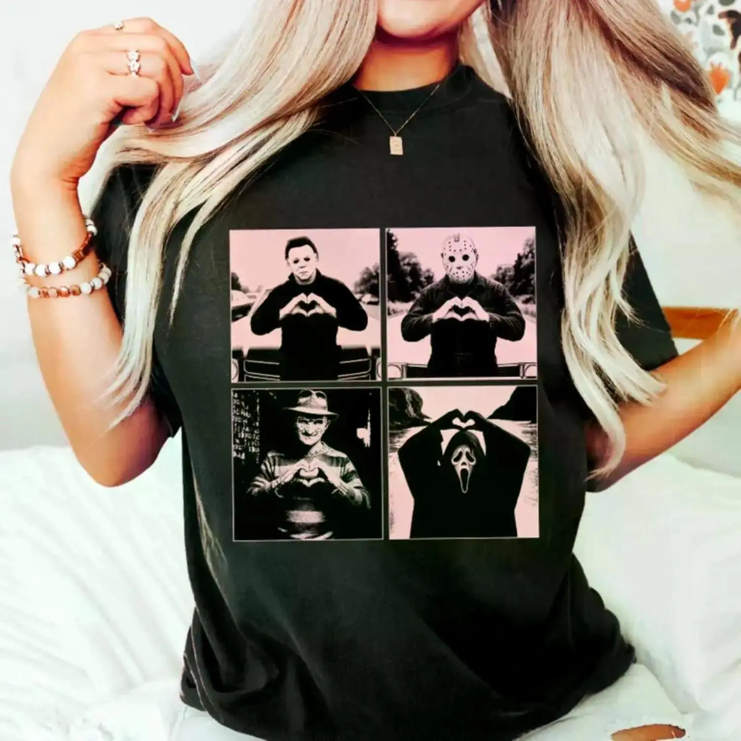 Women's Casual Short-Sleeve Round Neck Tshirt - Chic, Lightweight Herringbone Street Style Top, Michael Myers Jason Voorhees Freddy Krueger Horror Movie Icon Halloween Slasher Fan Gift, Relaxed Fit