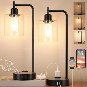Table Lamps for Bedrooms Set of 2 3-Way Dimmable Nightstand Lamps with USB C+A Ports and Outlet Black Bedside Lamps with Glass Shade for Living Room Desk Lamps for Home Office