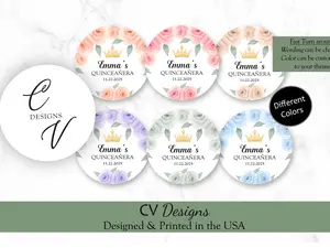 Quinceanera Sweet Sixteen Floral Favor Stickers, 1.5inch or 2 inches