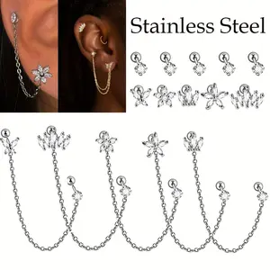 Surgical Steel Long Binaural Chain Earring Butterfly Flower Cz Cartilage Ear Tragus Stud Helix Chain Piercing Lobe 20G.