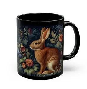 Brown Rabbit Mug William Morris Inspired Bunny and Flowers Black Coffee Mug Cottagecore Teacup Vintage Bunny Lover Gift Cute Ceramic Mug