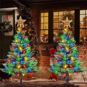 Set of 2 Solar Outdoor Christmas Trees – Pre-lit Multi-Color 100 LED C6 String Lights, Waterproof Yard & Porch Holiday Decor – Solar Powered Xmas Tree for Front-Yard, Pathway, Cemetery, Lawn Display, Christmas decoration, solar Christmas