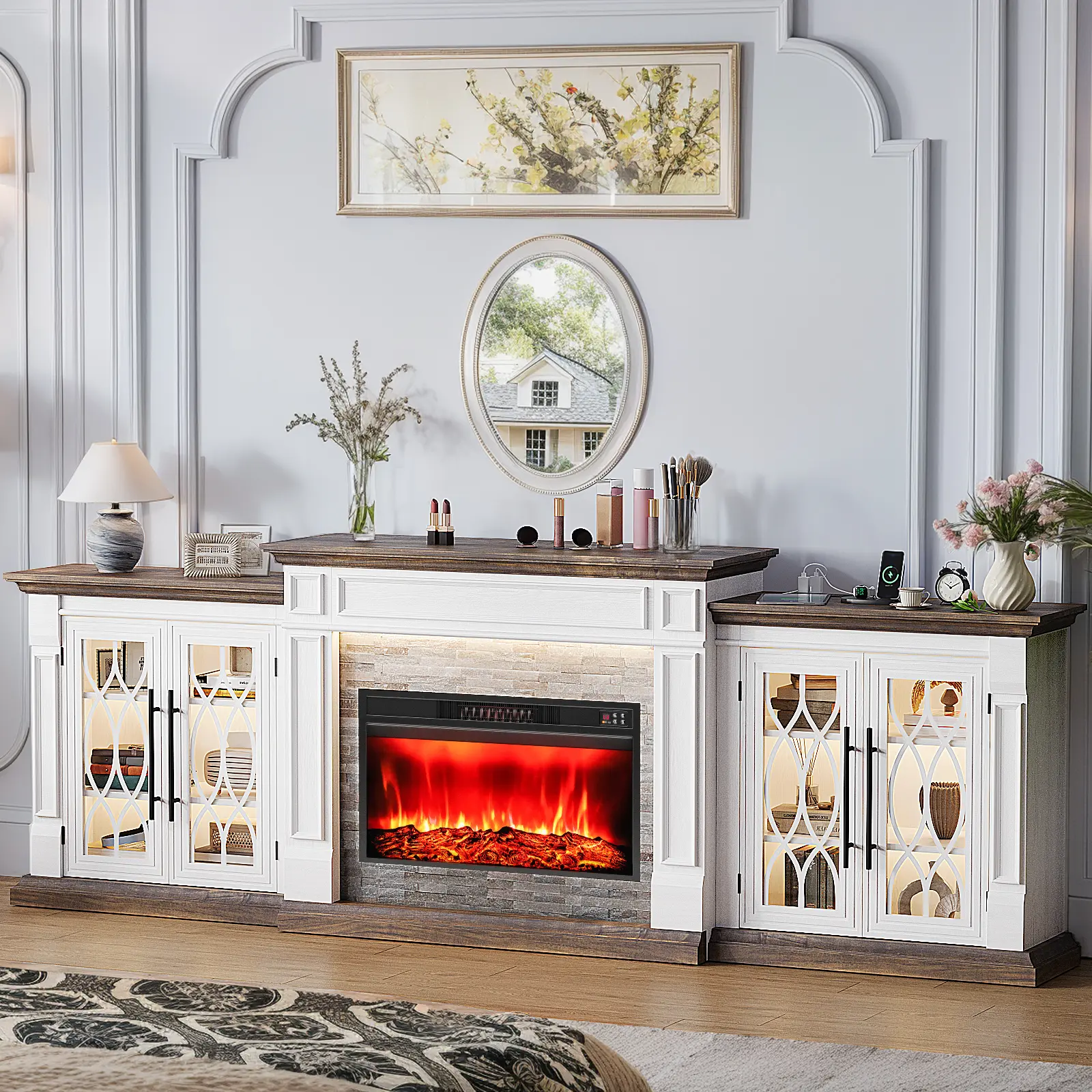 LGHM 104" Farmhouse TV Stand with 3D Electric Fireplace, Large Storage LED TV Stand,3-in-1 Modular Entertainment Center for TVs Up to 100 Inch, LED Flame Effect Heater Insert with Storage Cabinets & Power Outlet