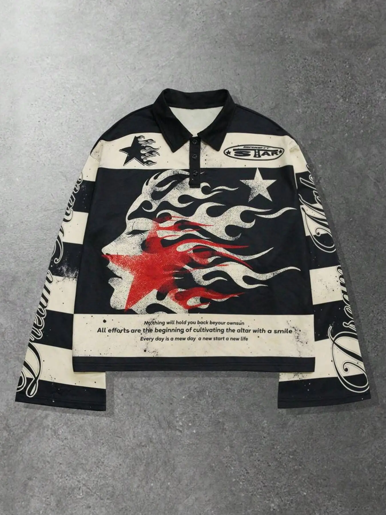 Y2K American casual street style black and white striped polo collar long-sleeved Printed Polo Shirt. The front features a flame face and red star pattern paired with an inspirational slogan print. The loose fit is unisex, versatile, and timeless.
