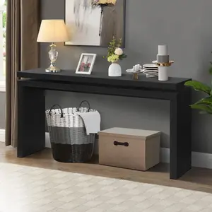 60'' Black Farmhouse Console Table - Retro Wooden Entryway Table with Double Board Suspension Design, Solid Wood & MDF, Sofa Table for Living Room