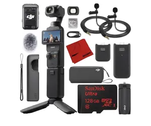 DJI Osmo Pocket 3 Creator Combo Vlogging Camera with Mic 2, 1'' CMOS, 4K/120fps Video, 3-Axis Stabilization, Face/Object Tracking, Fast Focus Bundle with Deco Gear 2 Lapel Microphones + 128GB Card