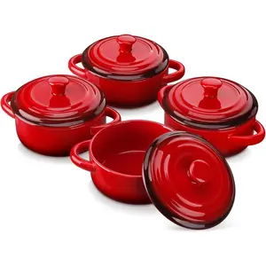 Mini Cocotte Set,12 OZ Small with Lids, Soup With Handles,Individual Baking,Oven, & Dishwasher Safe,Set of 4,Red