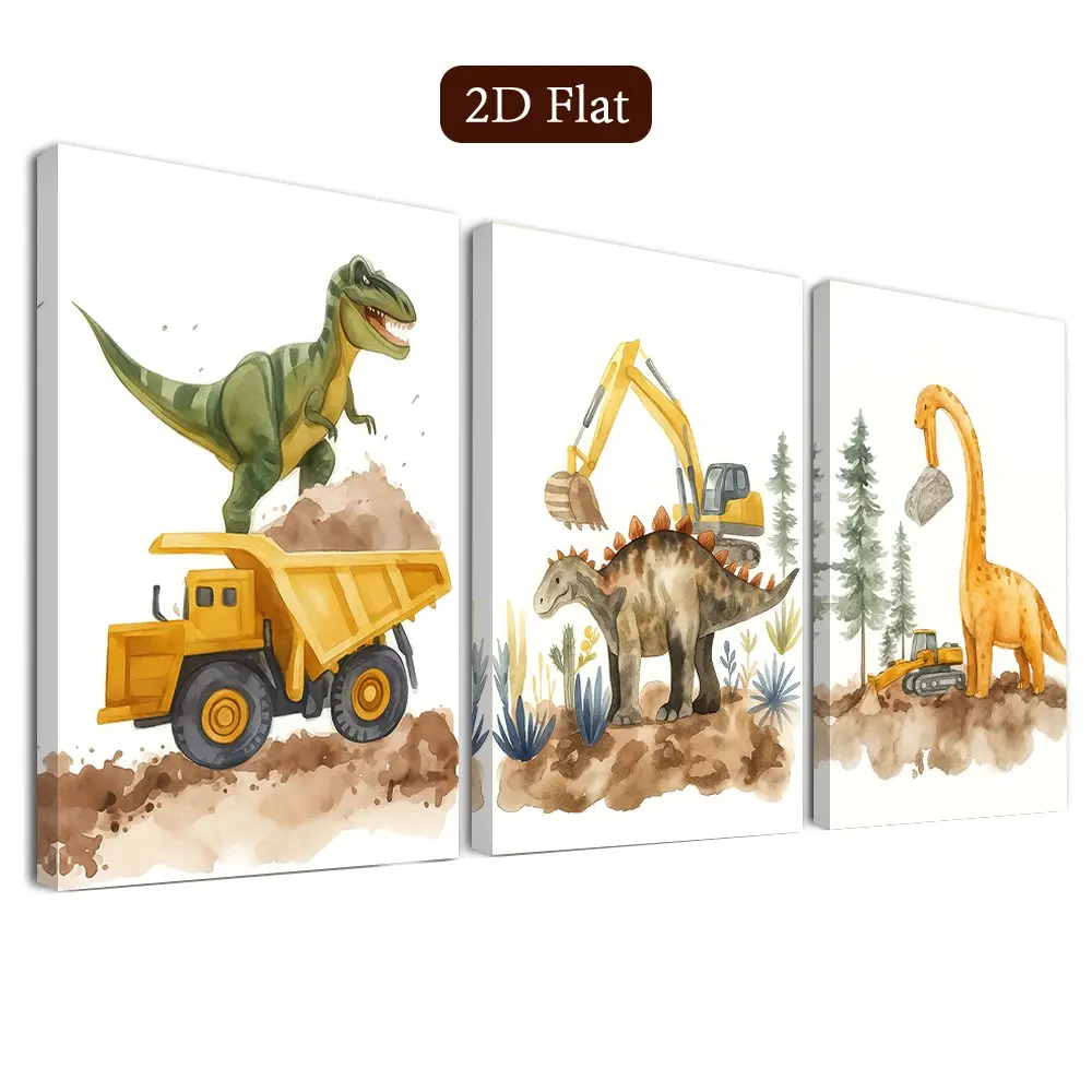 3-Piece Framed Prehistoric Wall Decor Set, Dinosaur Scene Canvas Art, Fun Architectural Print, Adventure Poster, Classroom Decoration