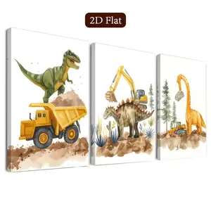 3-Piece Framed Prehistoric Wall Decor Set, Dinosaur Scene Canvas Art, Fun Architectural Print, Adventure Poster, Classroom Decoration