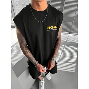 Men's wide-shouldered retro sleeveless vest, 404 letter pattern printing, suitable for spring and summer, vacation, carnival wear, friends gathering daily wear tops, creative DIY men's vest T-shirt