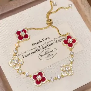 Qimeng Flower Oath-Sparkling Clover Flower Bracelet - Charming Jewelry For Women's Special Occasions Daughter Lucky Four-leaf Clover Bracelet Exquisite White Light Luxury French Adjustable Jewelry Women