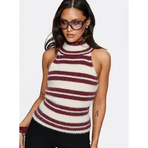 Heide High Neck Fluffy Top Burgundy Stripe