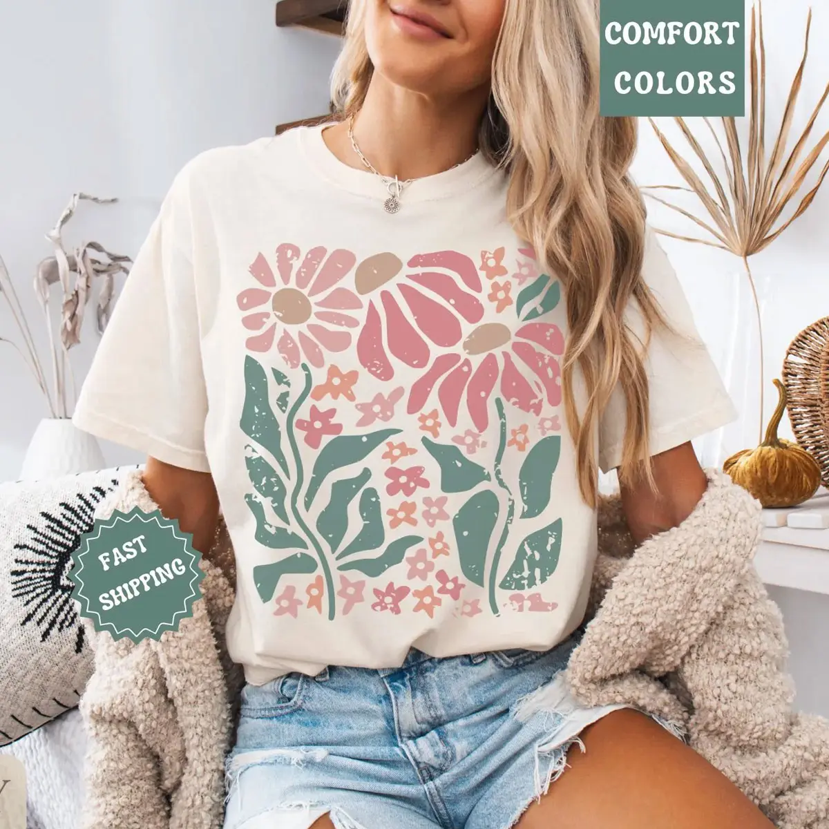 Boho Wildflower Shirt – Comfort Colors Botanical Tee, Retro Floral Top for Plant Lovers, Trendy Gardener Gift, Vintage Daisy Aesthetic Crewneck Unisex Graphic T-Shirt
