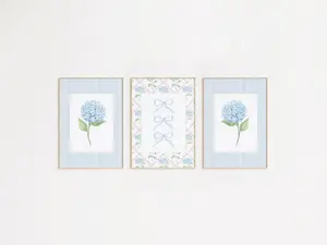 Watercolor Hydrangea Print Set of 3 | Watercolor Blue Bow Art Print | Grandmillenial Wall Art | Coquette Art Print| Coastal Dorm Decor