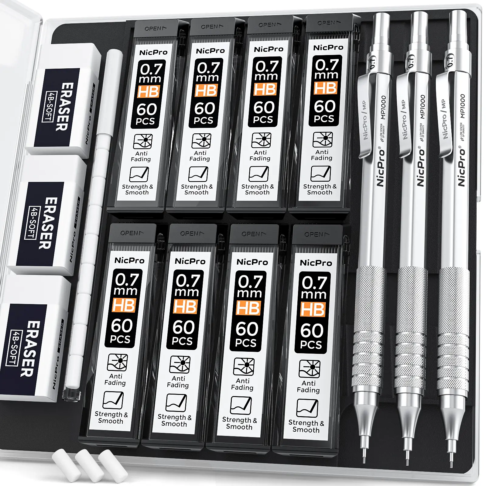 Nicpro 0.7mm Compact Metal Mechanical Pencils (3-Pack MP1000) with Case, 8 Tubes HB Refills, 3 Erasers, 9 Eraser Refills - Office Stationery Writing & Correction Tools for Architects