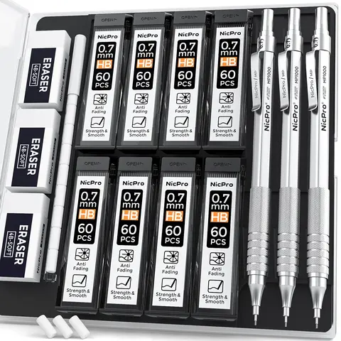 Nicpro Refillable 0.7 mm Fine Pointed Pencils Tool Kit Set (3-Pack MP1000) - Compact Metal Aluminum Barrel Graphite Mechanical Pencils, Case, 8 HB Refill Tubes, 3 Erasers, 9 Eraser Refills, Correction Tools, Office School Stationery for Architects