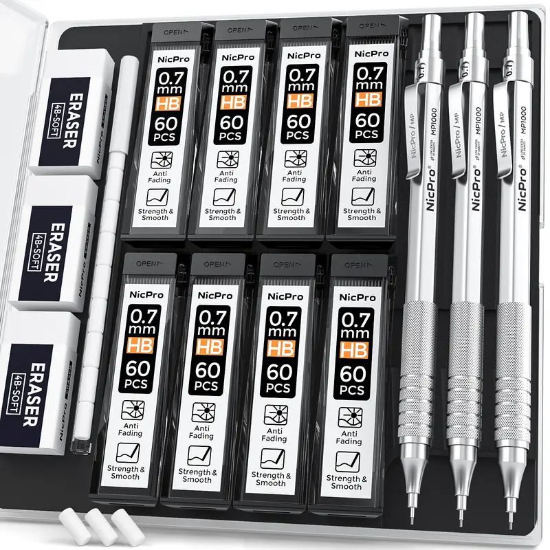 Nicpro Refillable 0.7 mm Fine Pointed Pencils Tool Kit Set (3-Pack MP1000) - Compact Metal Aluminum Barrel Graphite Mechanical Pencils, Case, 8 HB Refill Tubes, 3 Erasers, 9 Eraser Refills, Correction Tools, Office School Stationery for Architects