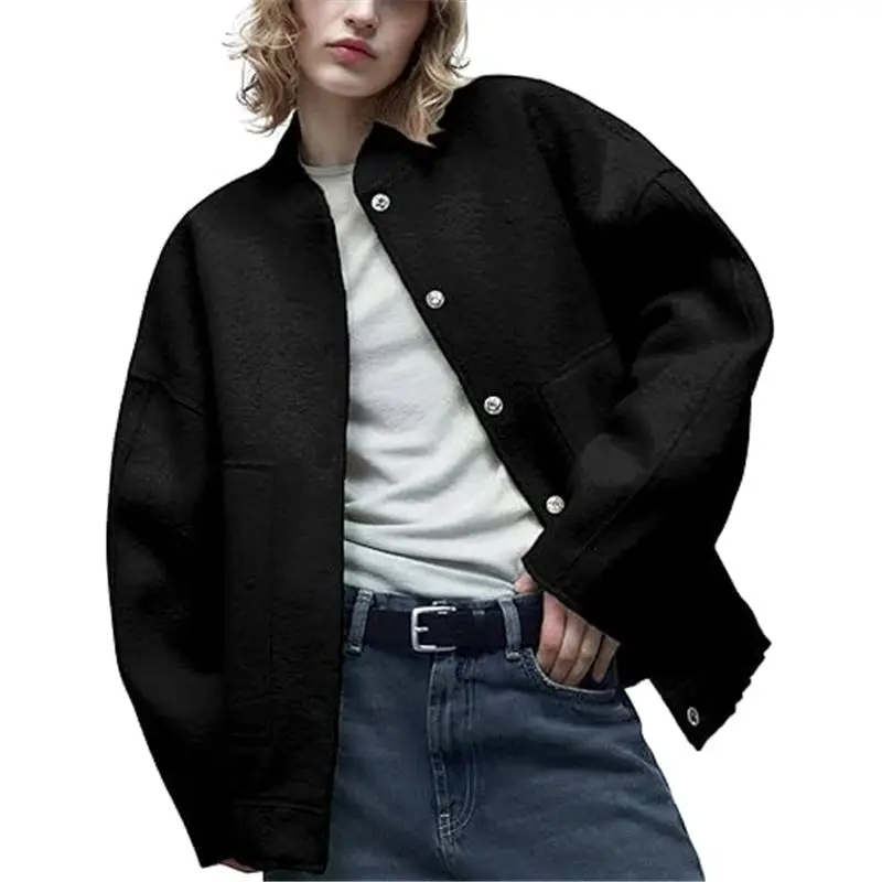 Women's Wool Blend Jacket Oversized Shacket Casual Button Down Varsity Jacket with Pockets 2023 Fit Shirt Womenswear Coats