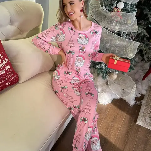 Women's 2-Piece Christmas Pajama Set, All-Over Gingerbread Man, Teacup, Bow & Christmas Tree Print, Round Neck Long-Sleeve Top and Pants with Elastic Waistband & Adjustable Drawstring, Soft Casual Loungewear for Holiday