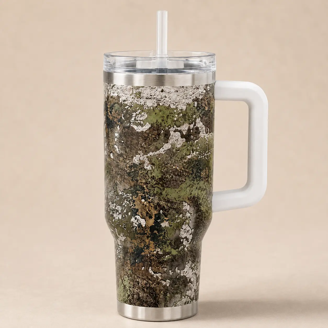 [Fast Ship] - 40oz Woodland Camo Tumbler with Handle & Straw, Rugged Outdoor Hunting Pattern Travel Cup