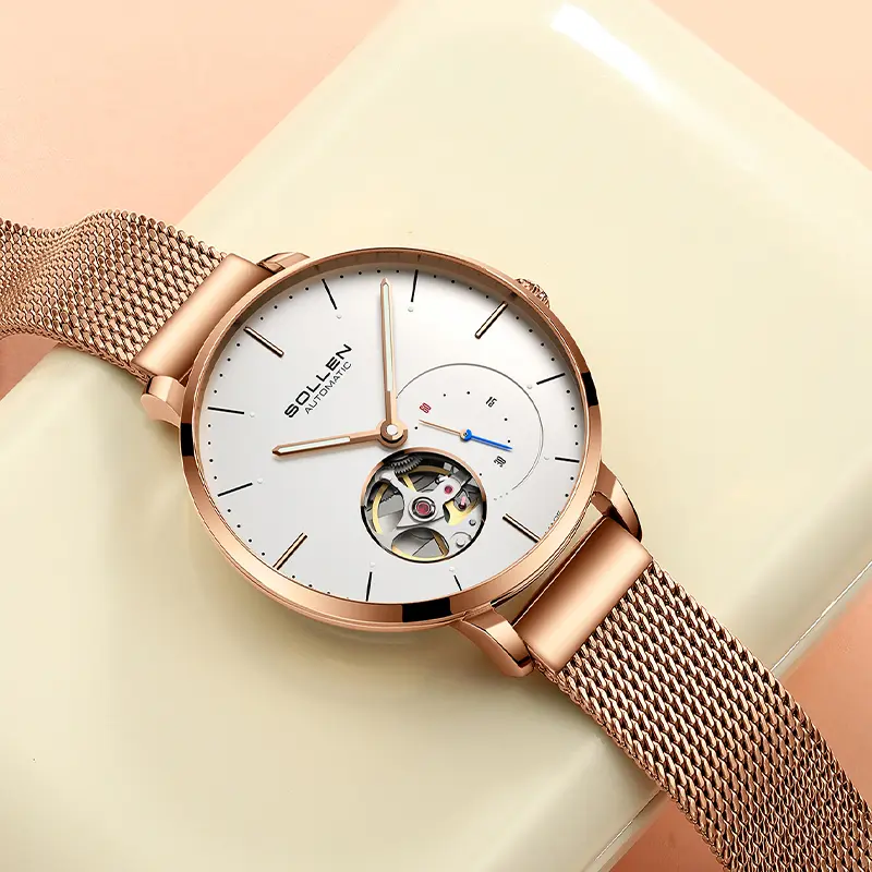 Rose Golden Women’s Openwork Mechanical Watch, Automatic Movement, Mesh Strap, Water Resistant,, Light Casual Gift Watch—Valentine’s Day, Mother’s Day, Birthday Gifts, Wedding Gifts Top Choice — 418