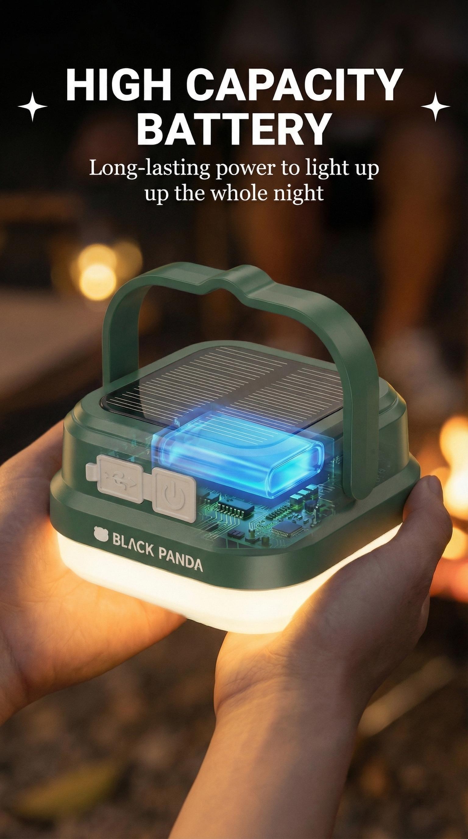 Black Panda Portable Solar Camping Lantern Solar & USB-C Dual Charging High Brightness Daily water resistant Multiple Lighting Modes