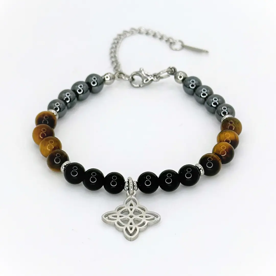 FIMENESS HEMATITE, TIGER'S EYE AND BLACK TOURMALINE WITCH KNOT CHARM HAND MADE BRACELET STAINLESS STEEL SPACERS CLASP 2 INCH EXTENDER CHAIN