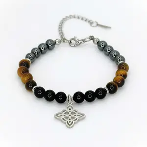 FIMENESS HEMATITE, TIGER'S EYE AND BLACK TOURMALINE WITCH KNOT CHARM HAND MADE BRACELET STAINLESS STEEL SPACERS CLASP 2 INCH EXTENDER CHAIN