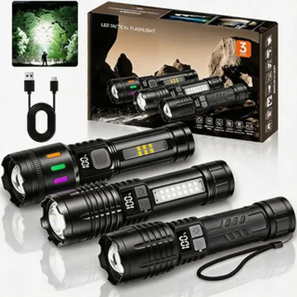 3/2PCS High-Lumens LED Flashlight Super Bright Rechargeable Flashlight Tactical Outdoor Light, 5 Lighting Modes Digital Display Flashlight Zoomable Ultra-Bright Light for Outdoor, Camping Hunting Emergency Survival Apocalypse Gear Camping Must Haves