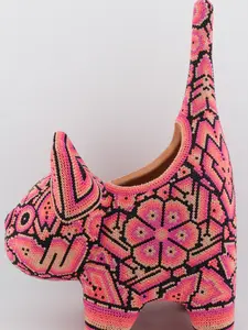 Handmade Handcrafted Huichol Pink Black Kitty Cat Pot