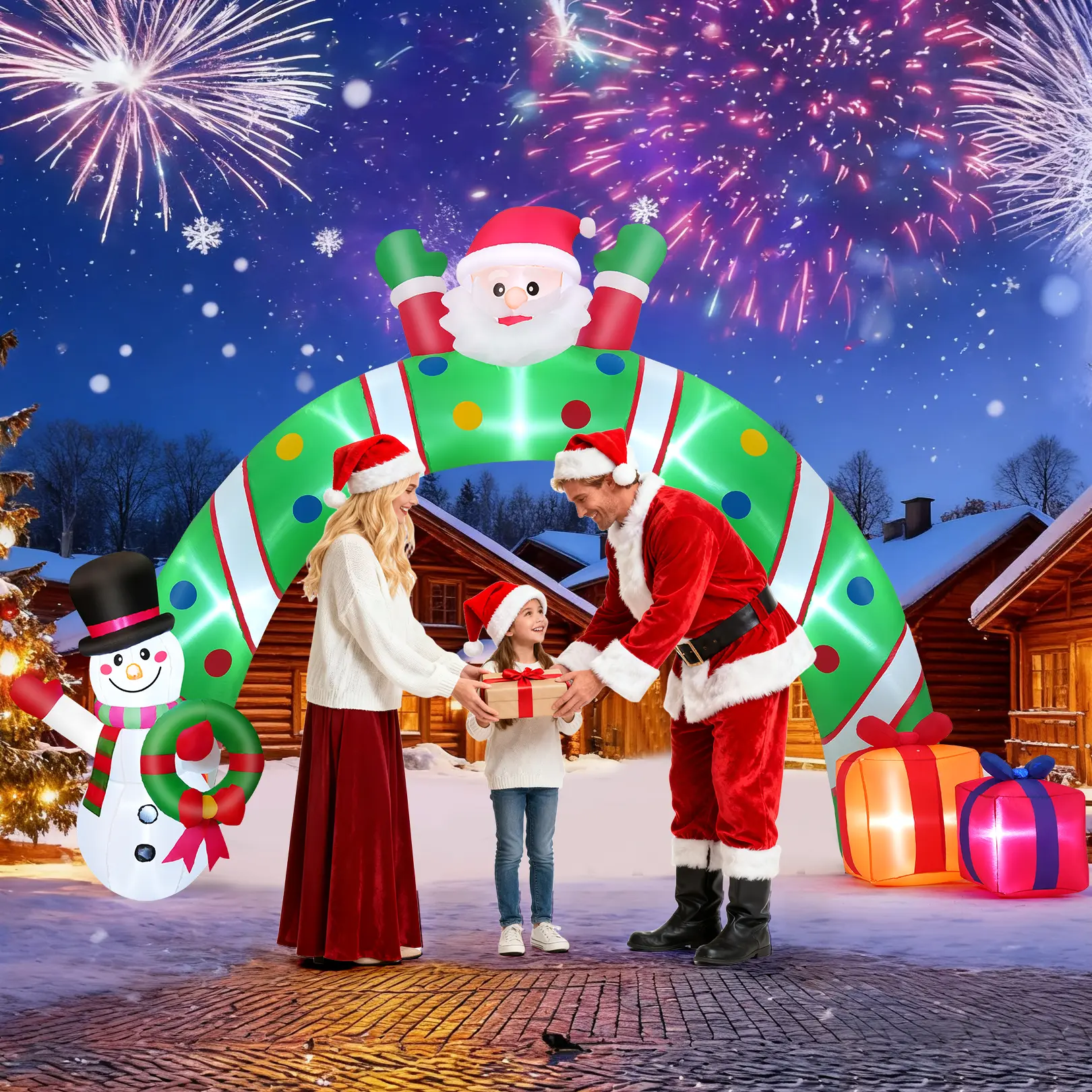 Whubefy 9.5FT Christmas Inflatable Archway Outdoor Decorations, Blow Up Snowman And Santa Claus Giant Arch Yard Decoration with Colorful Gifts, Xmas Decor Build-in LED Lights for Garden Lawn Yard Porch Holiday Party Family Gatherings