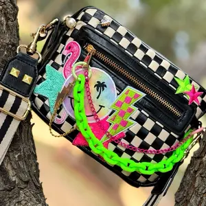 Summer Living Pouch with Black and White Checkered Pattern, Floral & Turquoise Accents, Keychain Attachment, Adjustable Strap