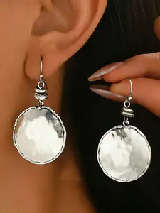 Women's Hammered Coin Pendant Earrings, Mixed Metal Round Disc Dangle Earrings, Vintage Texture Statement Jewelry, Boho Style