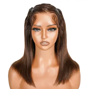 SuperNova #4 Color Human Hair Straight 13*4 Lace Front Ready To Go Pre Braided Bob Wigs