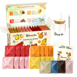 Tea Bags Variety Pack, Tropical Fruit Tea Sampler, 4 Tropical Blends, 16 Main Bags + 4 Additional Sampler Bags, Tea Set with 16oz Glass Tumbler for Summer, Afternoon, Iced Sipping