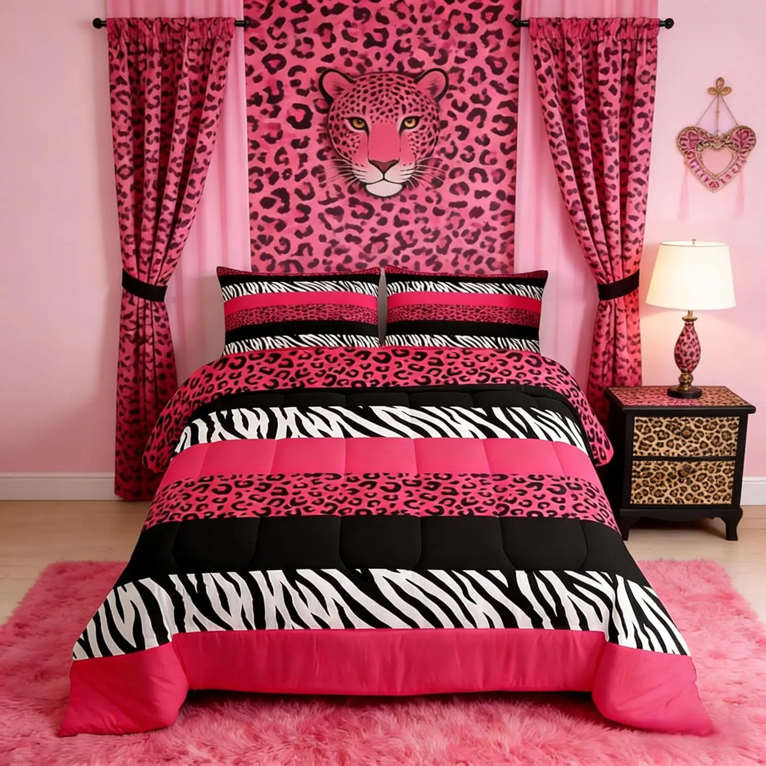 Leopard Print Comforter Set,Zebra Abstract Animals Skin Texture Bedding Set Adults Room Decor,Geometric Stripes Down Comforter,Pink Romantic Duvet Insert