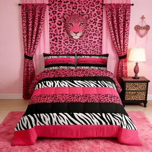 Leopard Print Comforter Set,Zebra Abstract Animals Skin Texture Bedding Set Adults Room Decor,Geometric Stripes Down Comforter,Pink Romantic Duvet Insert