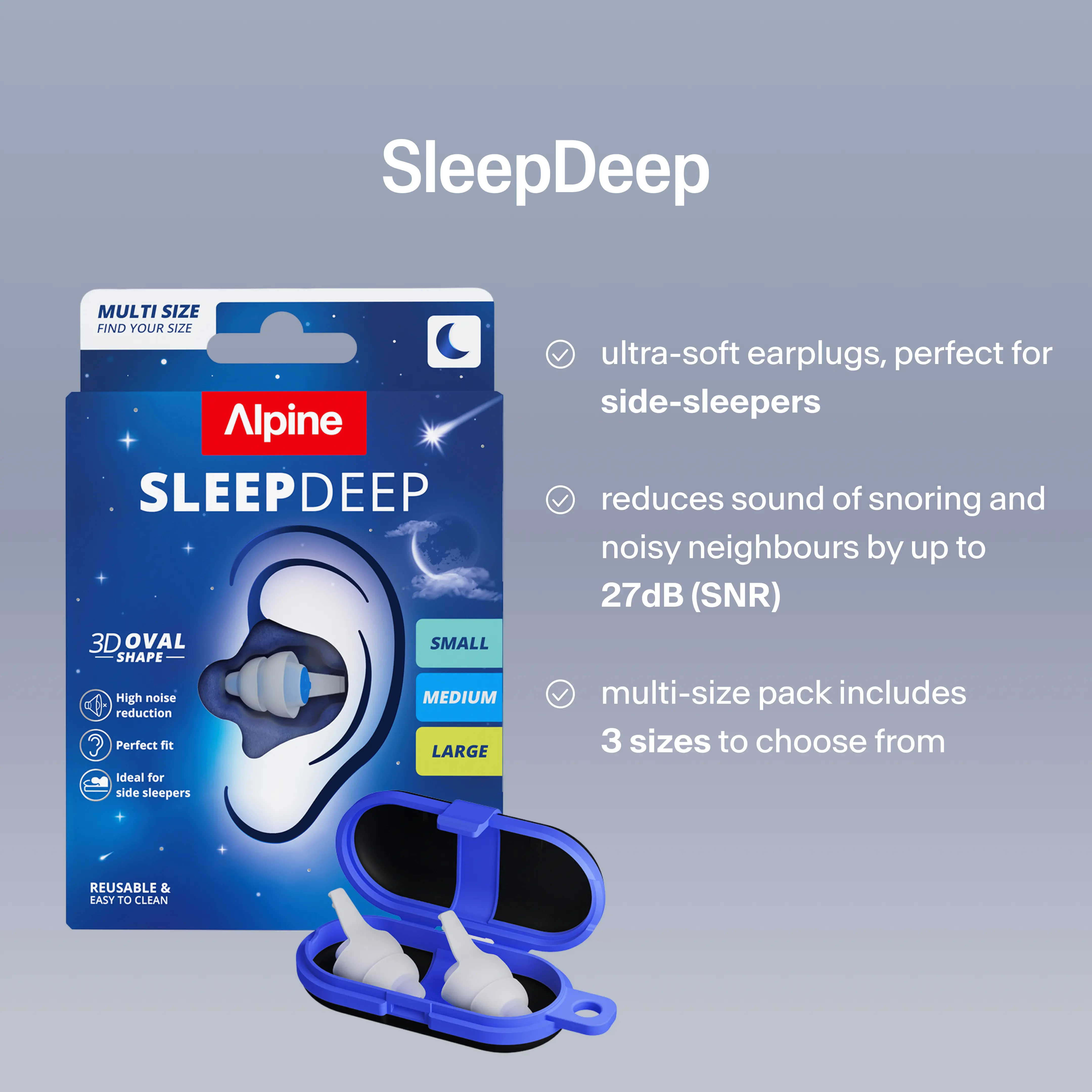 Alpine SleepDeep Ear Plugs for Sleeping – Side Sleepers & Snoring – Ultra-Soft Noise Reducing Earplugs – 27dB SNR – Hypoallergenic, Silicone-Free – 3 Pairs (S,M,L)