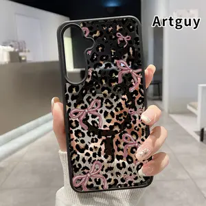 Phone Case Compatible with Samsung Galaxy S24 Plus S25 S23 FE S22 Ultra S22+Leopard Bow Pattern Magnetic Transparent Acrylic Back TPU Edges support wireless charging Phone Cover for Girl