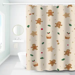 Gingerbread Dessert Shower Curtain for Bathroom Bath Decor Sets, Washable Polyester Fabric with Hooks, Sweet Xmas Design, Best Gifts for Food Lovers