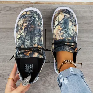 Women's Elegant Camouflage Canvas Sneakers - All-Season Comfortable Fabric Shoes, Round Toe, Elastic Laces, Non-Slip EVA Sole - For Casual Work & Everyday Wear - Perfect Gift for Fashionable Women