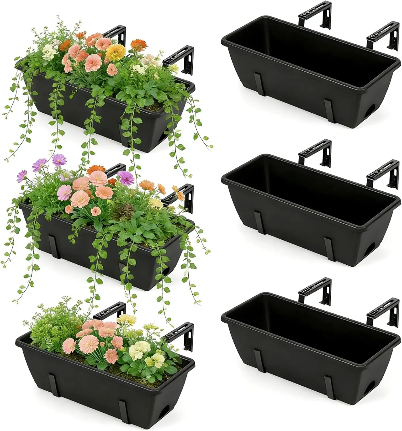 6 Pack Deck Railing Planter Boxes Black Window Boxes Planter Boxes with Adjustable Brackets, Outdoor Garden Fence Planters with Drainage Holes for Flowers, Herbs, Strawberry