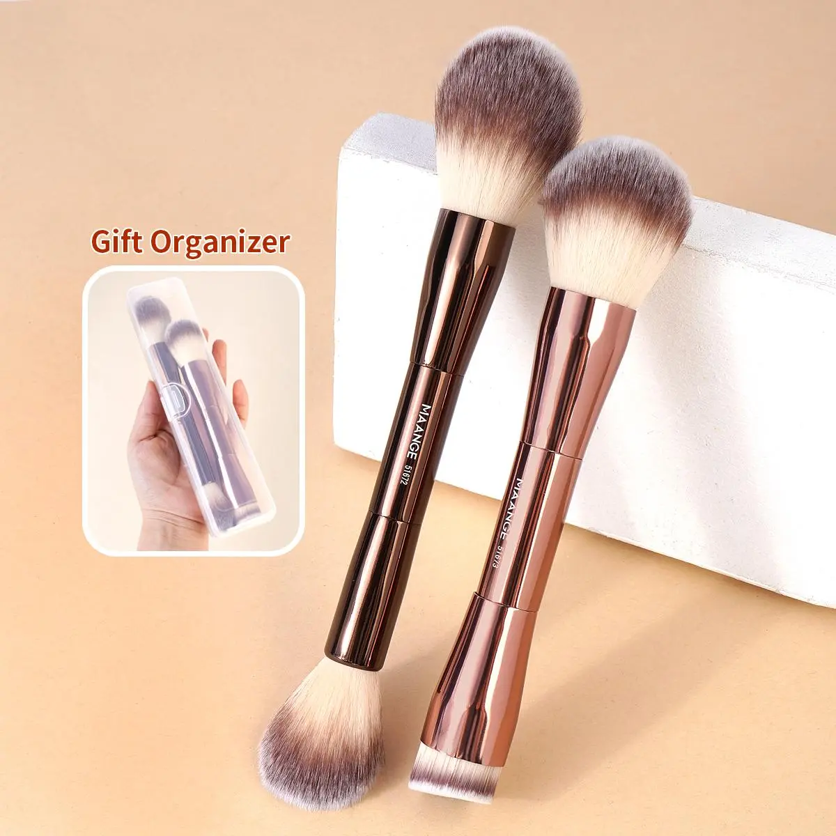 Dual Head Face Makeup Brush Set with Organizer, 2 Counts/set Foundation Brush & Loose Powder Brush, Portable Travel Brushes, Makeup Accessories